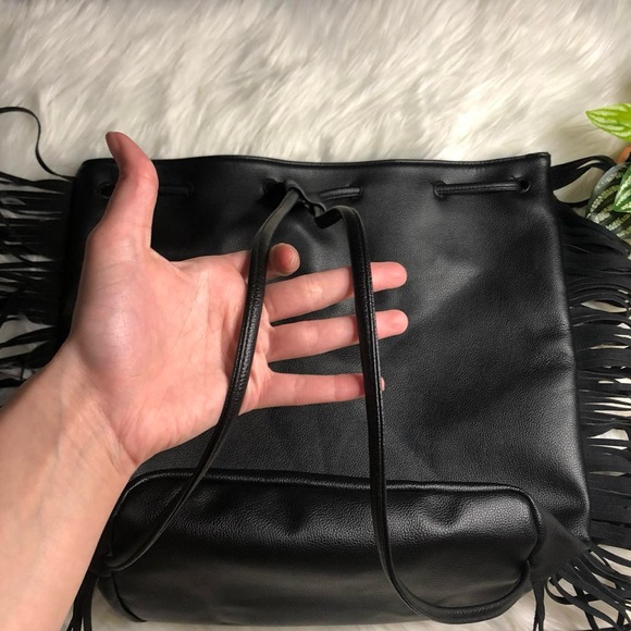 Victoria’s Secret - Black Faux Leather Fringe Drawstring Backpack - Picture 4 of 5